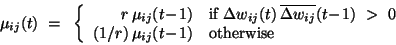 mu_ij(t) = ... sign(Delta w_ij(t) bar Delta w_ij(t-1))